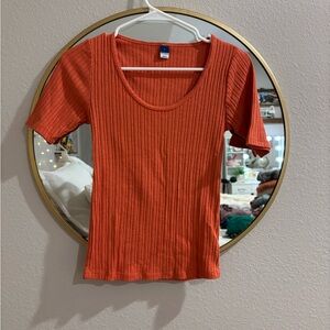 Vibrant Orange Ribbed Short Sleeve Top